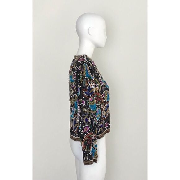 Vintage Frank Usher 70s 80s Black Sequin Beaded Silk Cardigan Jacket - Picture 6 of 13